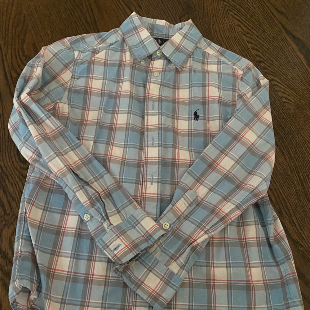 Blue Brown and Red long sleeve button up polo